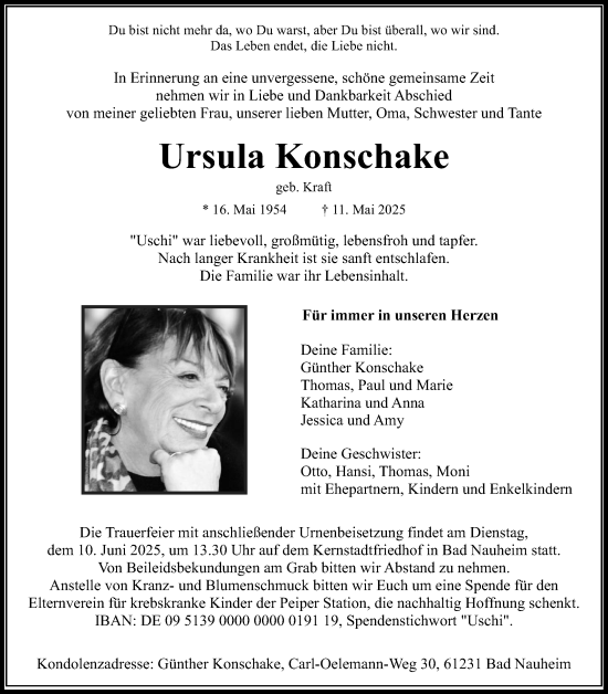 Traueranzeige von Ursula Konschake von Wetterauer Zeitung