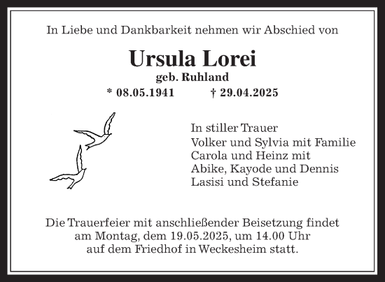 Traueranzeige von Ursula Lorei von Wetterauer Zeitung