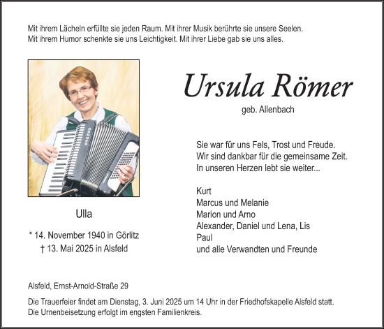 Traueranzeige von Ursula Römer von Oberhessische Zeitung