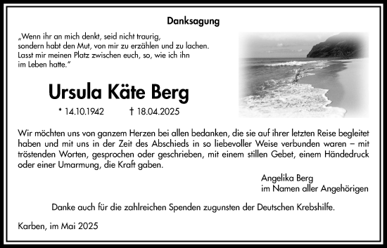 Traueranzeige von Ursula Käte Berg von Bad Vilbel/Karben, Wetterauer Zeitung