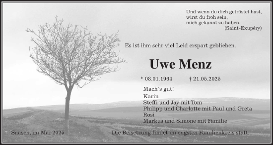 Traueranzeige von Uwe Menz von Giessener Allgemeine, Alsfelder Allgemeine
