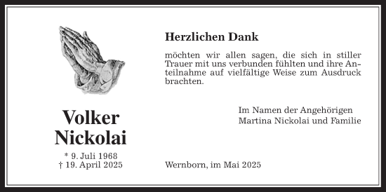 Traueranzeige von Volker Nickolai von Usinger Anzeiger