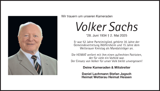 Traueranzeige von Volker Sachs von Wetterauer Zeitung