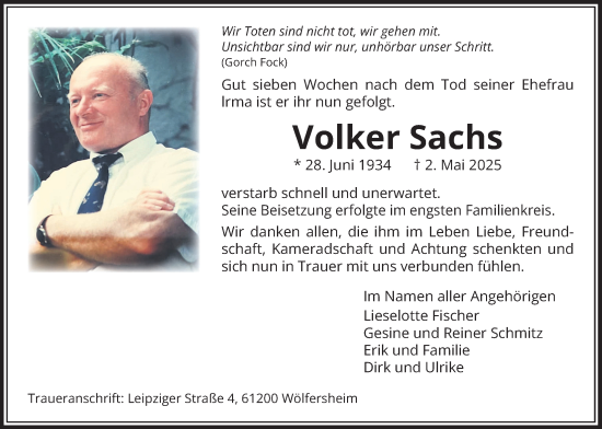 Traueranzeige von Volker Sachs von Wetterauer Zeitung