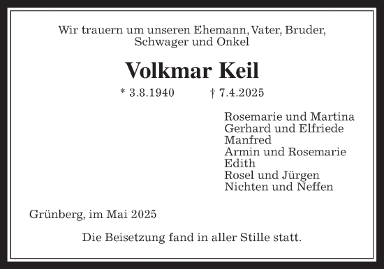 Traueranzeige von Volkmar Keil von Giessener Allgemeine, Alsfelder Allgemeine, Giessener Allgemeine, Alsfelder Allgemeine