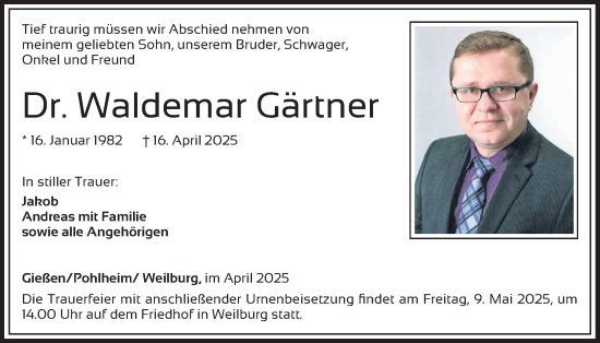 Traueranzeige von Waldemar Gartner von Giessener Allgemeine, Alsfelder Allgemeine