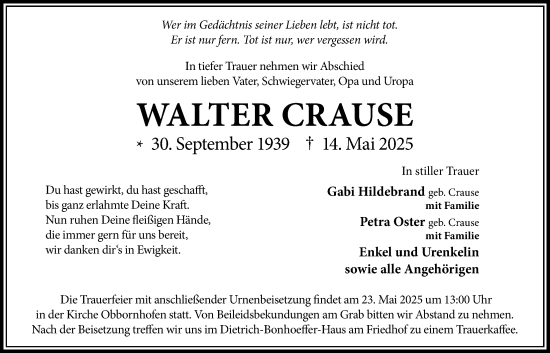 Traueranzeige von Walter Crause von Licher Wochenblatt
