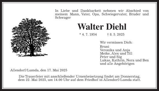 Traueranzeige von Walter Diehl von Giessener Allgemeine, Alsfelder Allgemeine, Giessener Anzeiger