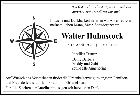 Traueranzeige von Walter Huhnstock von Butzbacher Zeitung