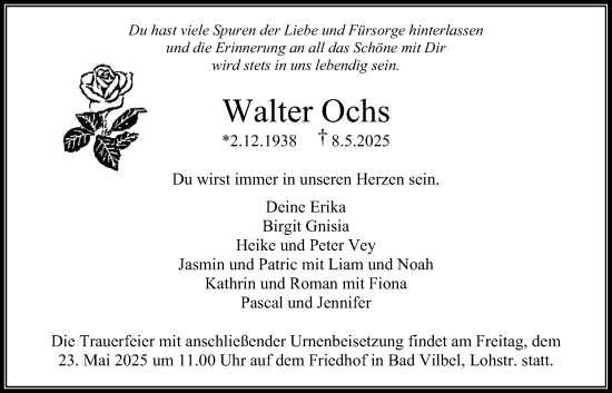 Traueranzeige von Walter Ochs von Bad Vilbel/Karben