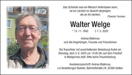 Traueranzeige von Walter Welge von Giessener Allgemeine, Alsfelder Allgemeine