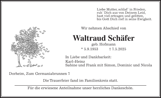 Traueranzeige von Waltraud Schäfer von Wetterauer Zeitung