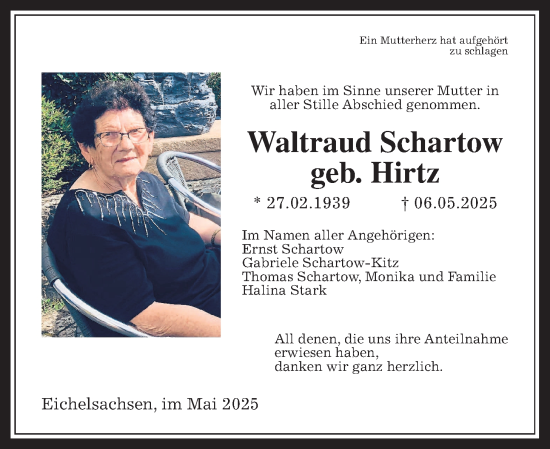 Traueranzeige von Waltraud Schartow von Kreis-Anzeiger