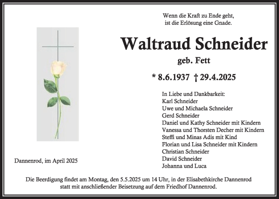 Traueranzeige von Waltraud Schneider von Alsfelder Allgemeine, Oberhessische Zeitung