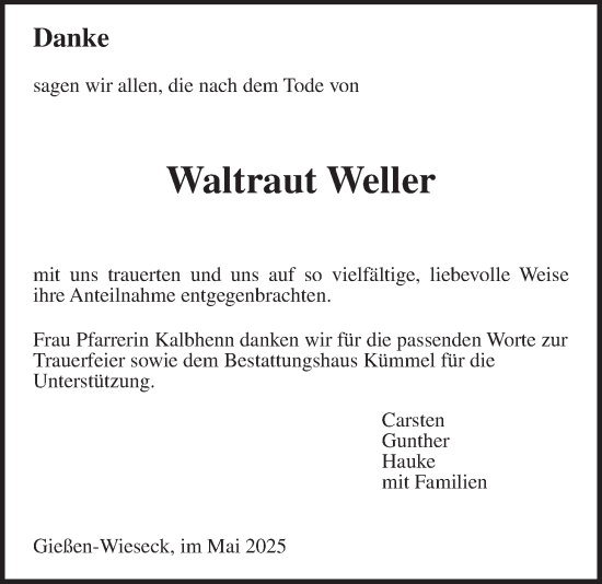 Traueranzeige von Waltraut Weller von Giessener Allgemeine, Alsfelder Allgemeine, Giessener Anzeiger