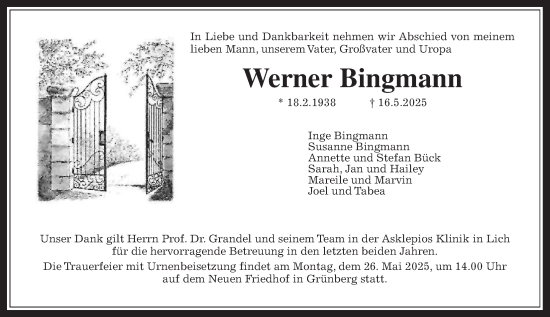 Traueranzeige von Werner Bingmann von Giessener Allgemeine, Alsfelder Allgemeine, Giessener Anzeiger