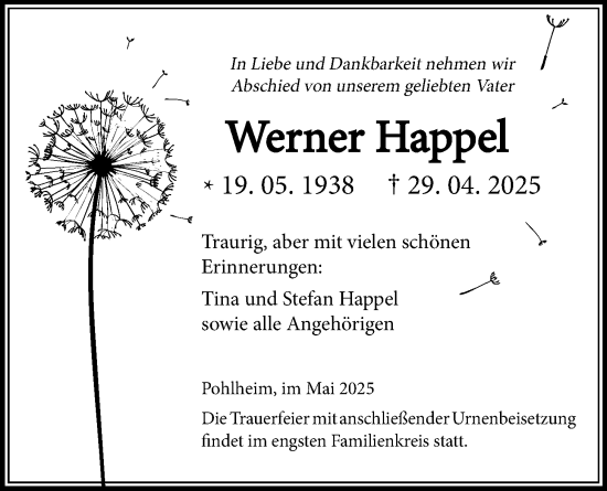 Traueranzeige von Werner Happel von Pohlheimer Nachrichten