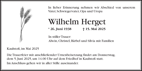 Traueranzeige von Wilhelm Herget von Kreis-Anzeiger