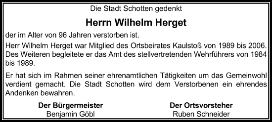 Traueranzeige von Wilhelm Herget von Kreis-Anzeiger