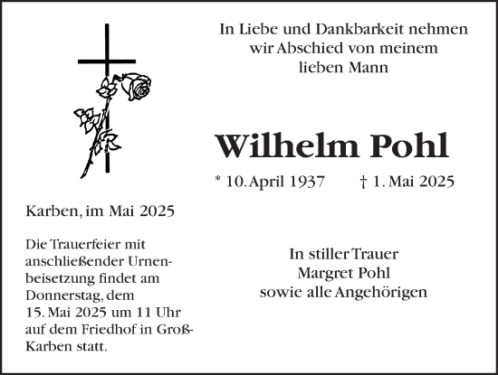 Traueranzeige von Wilhelm Pohl von Bad Vilbel/Karben