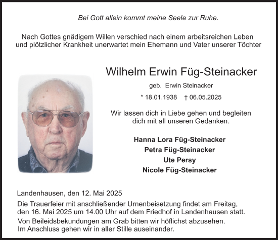 Traueranzeige von Wilhelm Erwin Füg-Steinacker von Lauterbacher Anzeiger