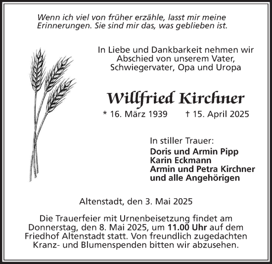 Traueranzeige von Willfried Kirchner von Kreis-Anzeiger