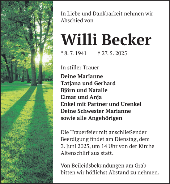 Traueranzeige von Willi Becker von Lauterbacher Anzeiger