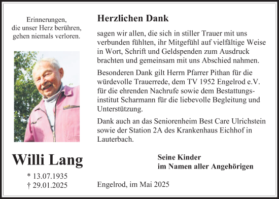 Traueranzeige von Willi Lang von Lauterbacher Anzeiger