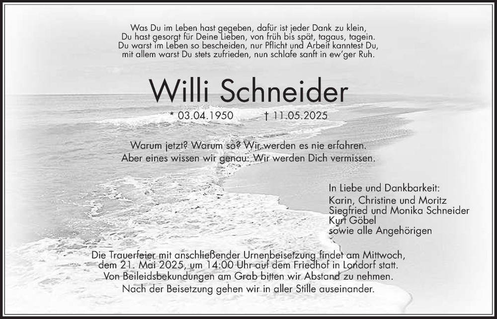  Traueranzeige für Willi Schneider vom 19.05.2025 aus Giessener Allgemeine, Alsfelder Allgemeine
