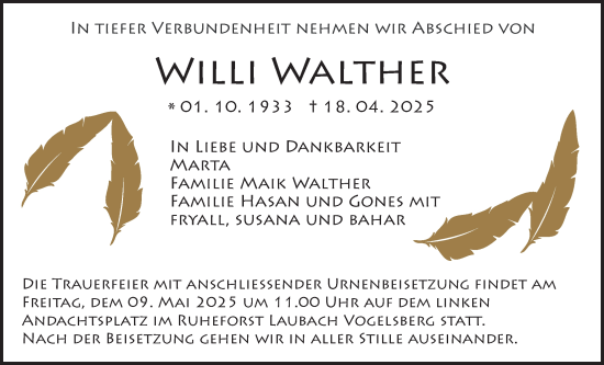 Traueranzeige von Willi Walther von Licher Wochenblatt