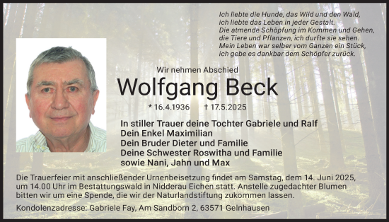 Traueranzeige von Wolfgang Beck von Kreis-Anzeiger
