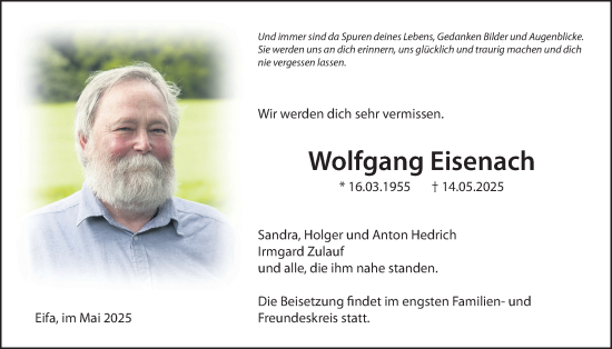 Traueranzeige von Wolfgang Eisenach von Oberhessische Zeitung