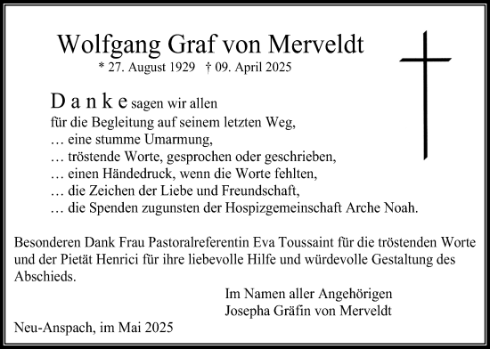Traueranzeige von Wolfgang Graf von Merveldt von Usinger Anzeiger