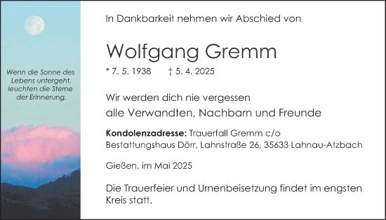 Traueranzeige von Wolfgang Gremm von Giessener Allgemeine, Alsfelder Allgemeine, Giessener Anzeiger