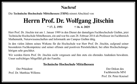 Traueranzeige von Wolfgang Jitschin von Giessener Allgemeine, Alsfelder Allgemeine, Giessener Anzeiger