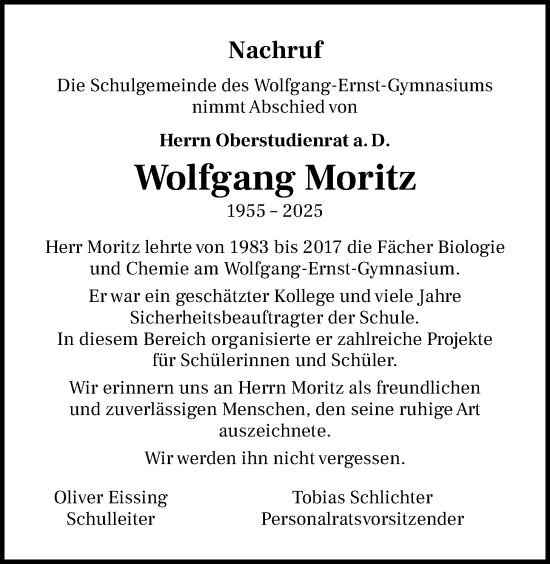 Traueranzeige von Wolfgang Moritz von Kreis-Anzeiger