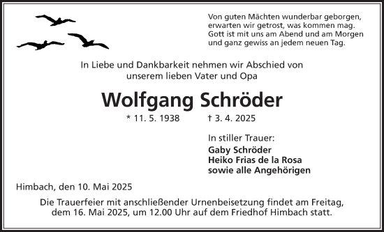 Traueranzeige von Wolfgang Schröder von Kreis-Anzeiger