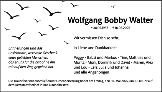 Traueranzeige von Wolfgang Bobby Walter von Wetterauer Zeitung