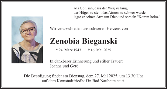 Traueranzeige von Zenobia Bieganski von Wetterauer Zeitung