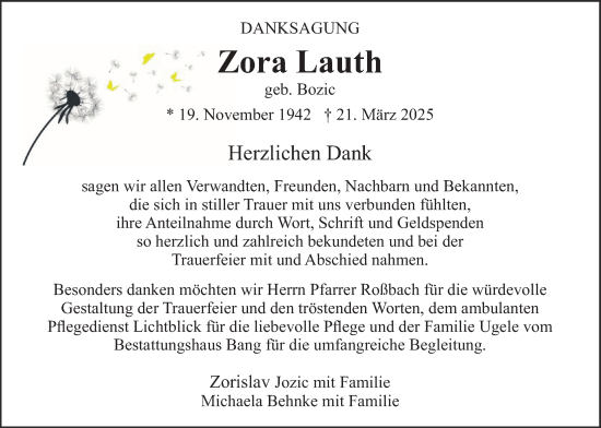 Traueranzeige von Zora Lauth von Butzbacher Zeitung