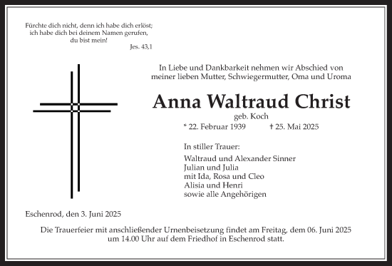 Traueranzeige von Anna Waldtraud Christ von Kreis-Anzeiger