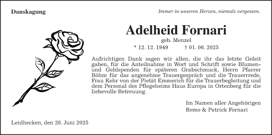Traueranzeige von Adelheid Fornari von Wetterauer Zeitung