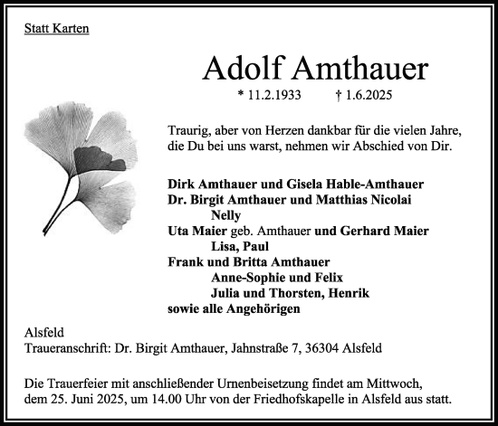 Traueranzeige von Adolf Amthauer von Oberhessische Zeitung