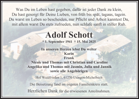 Traueranzeige von Adolf Schott von Usinger Anzeigenblatt