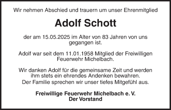 Traueranzeige von Adolf Schott von Usinger Anzeigenblatt