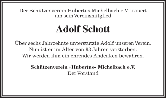 Traueranzeige von Adolf Schott von Usinger Anzeiger