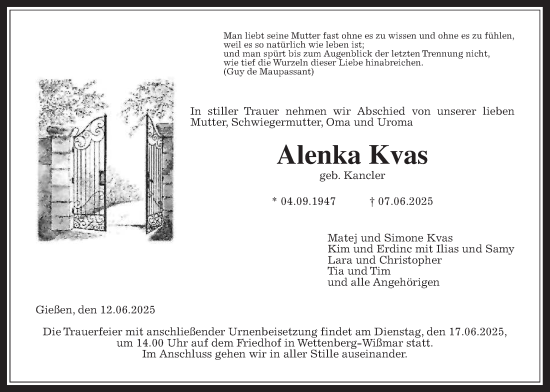 Traueranzeige von Alenka Kvas von Wetterauer Zeitung, Giessener Allgemeine, Alsfelder Allgemeine