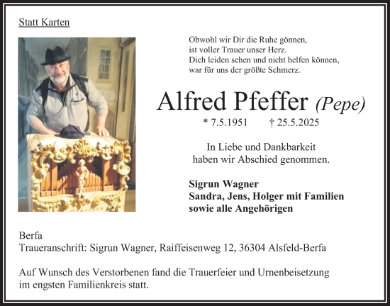 Traueranzeige von Alfred Pfeffer von Oberhessische Zeitung