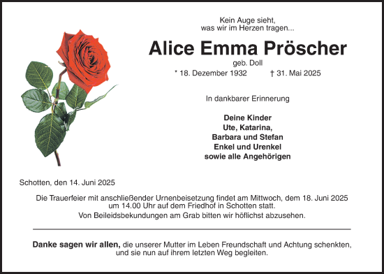 Traueranzeige von Alice Emma Pröscher von Kreis-Anzeiger