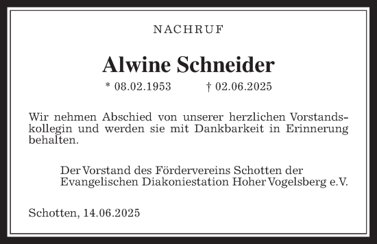 Traueranzeige von Alwine Schneider von Kreis-Anzeiger